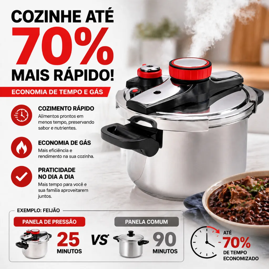 Cozinhe até 70% mais rápido: economia de tempo e gás, feijão pronto em 25 minutos